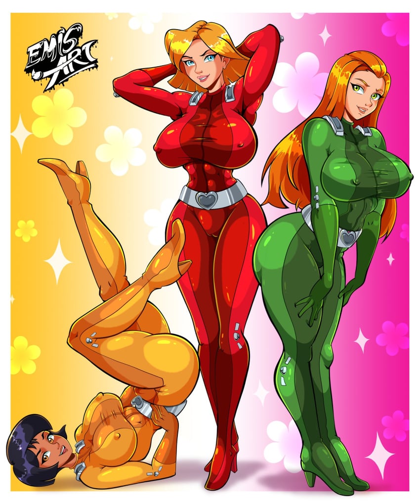 2d 3_bodysuits 3girls abs alex_(totally_spies) big_breasts black_hair blonde_hair blue_eyes bodysuit clothed clothing clover_(totally_spies) color dark-skinned_female dark_skin emis_art female female_focus female_only fit_female footwear full_color fully_clothed green_eyes hi_res large_breasts light-skinned_female light_skin long_hair muscles muscular muscular_female nipples_visible_through_clothing no_penetration orange_hair red_head sam_(totally_spies) short_hair solo_female tagme thick_thighs totally_spies