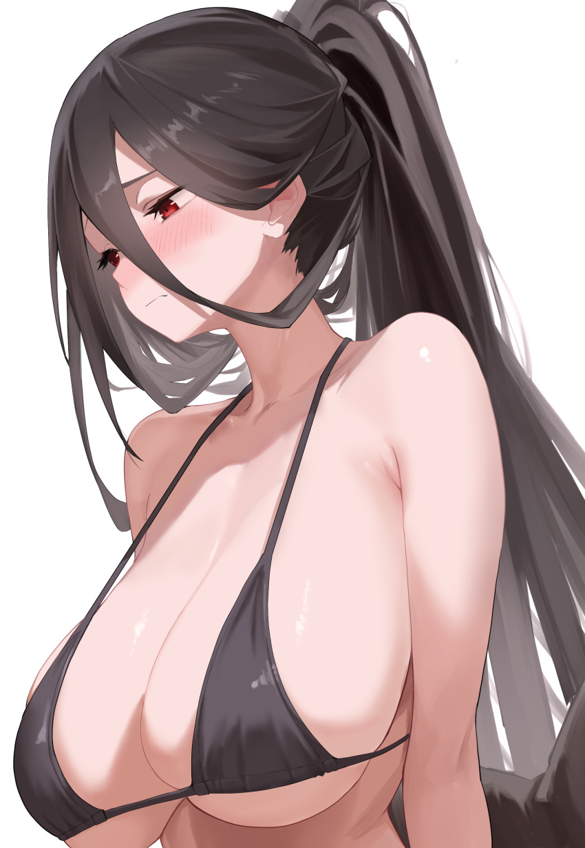 absurdres armpit_crease bare_shoulders bikini black_bikini black_hair black_wings blue_archive blush breasts closed_mouth commentary_request embarrassed female hair_between_eyes halterneck hasumi_(blue_archive) highres huge_breasts long_hair low_wings ponytail red_eyes shiny_skin simple_background solo swimsuit underboob very_long_hair white_background wings yue3621