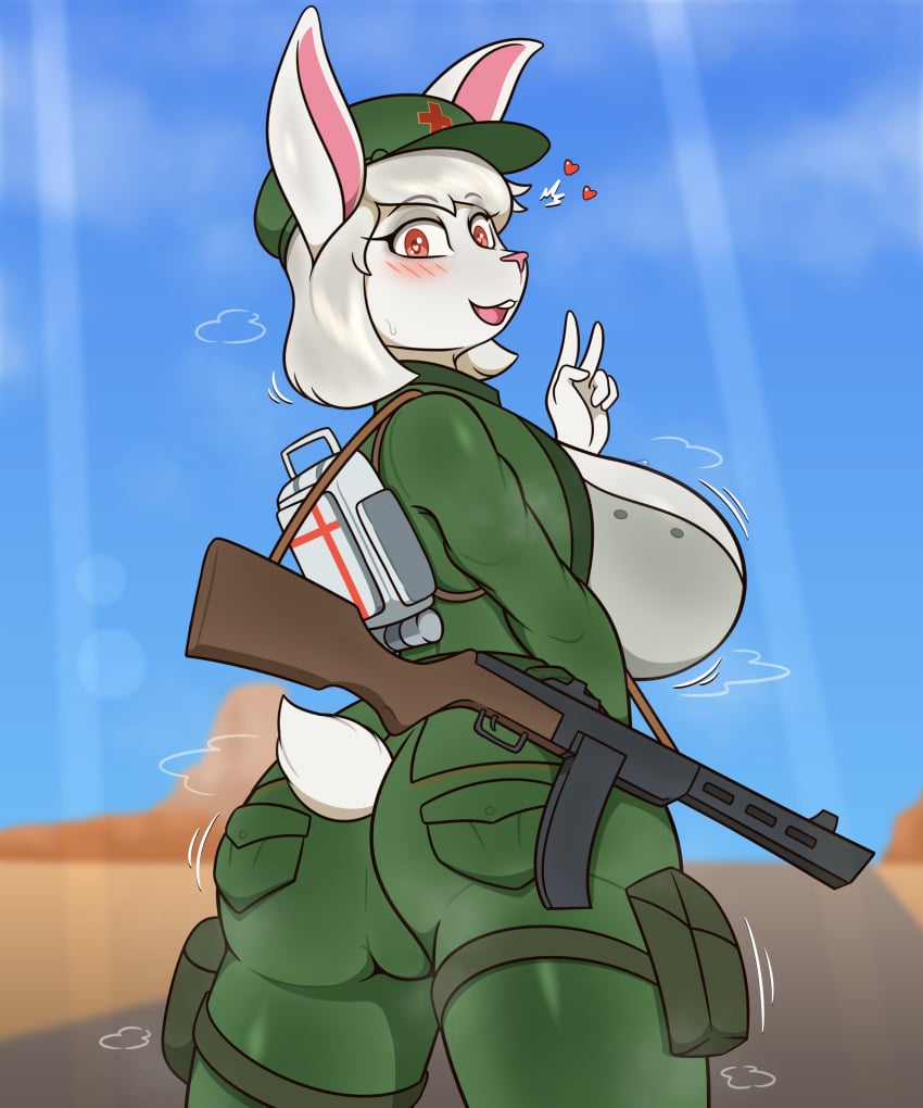 anthro ass big_ass big_breasts big_thighs blush breasts bunny_ears bunny_girl bunny_tail fur furry gun hongying_(wild_assault) huge_ass huge_breasts huge_thighs johnmarten looking_at_viewer peace_sign short_hair sweatdrop tagme thick_hips thick_thighs thighs v_sign white_body white_fur white_hair wild_assault