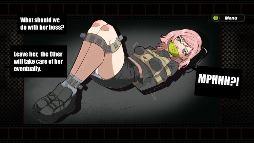 arms_tied_behind_back bondage bound_ankles bound_legs comic_panel english_text gag gagged gagged_speech green_eyes npc_(zenless_zone_zero) pink_hair tape_gag zenless_zone_zero