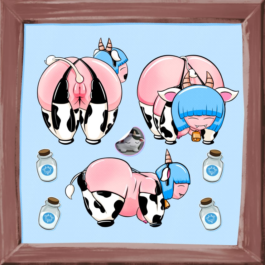 bbw big_ass big_belly big_breasts blue_hair bondage bondage_gear bondage_outfit concept_art fat_ass female female_focus harness hucow humanized milk mozzarina_(pal) pal_(species) palworld pawgfarmer pocketpair wide_hips