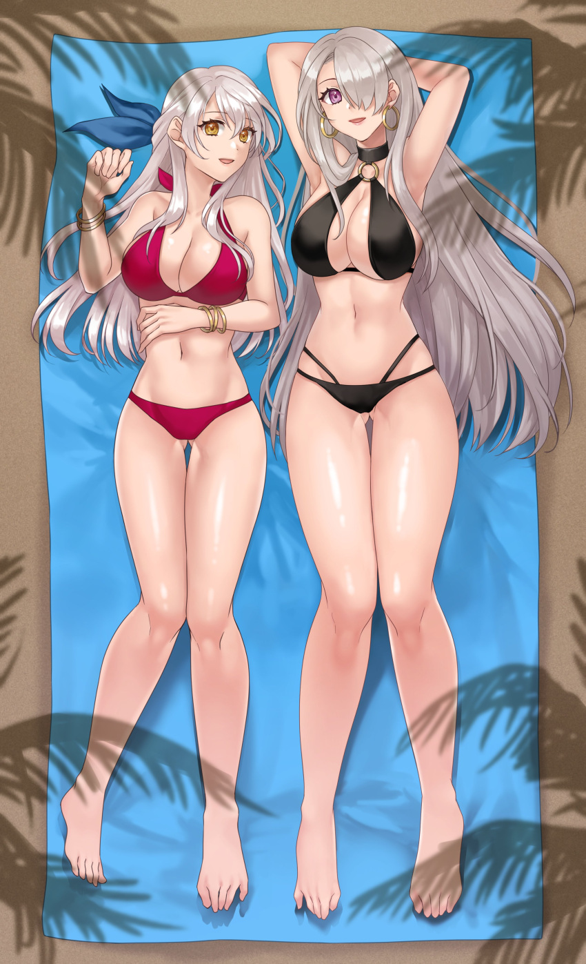 2girls absurdres alternate_costume ass_visible_through_thighs beach bikini black_bikini black_swimsuit breasts cleavage commission earrings feet female female_only fire_emblem fire_emblem:_radiant_dawn gloves grey_hair hair_over_one_eye hair_ribbon hazuki_(nyorosuke) highres hoop_earrings huge_breasts jewelry large_breasts long_hair looking_at_viewer lying micaiah_(fire_emblem) multiple_girls navel nintendo original palm_tree purple_bikini purple_eyes red_bikini red_swimsuit revealing_clothes ribbon shadow swimsuit tree very_long_hair vgen_commission yellow_eyes