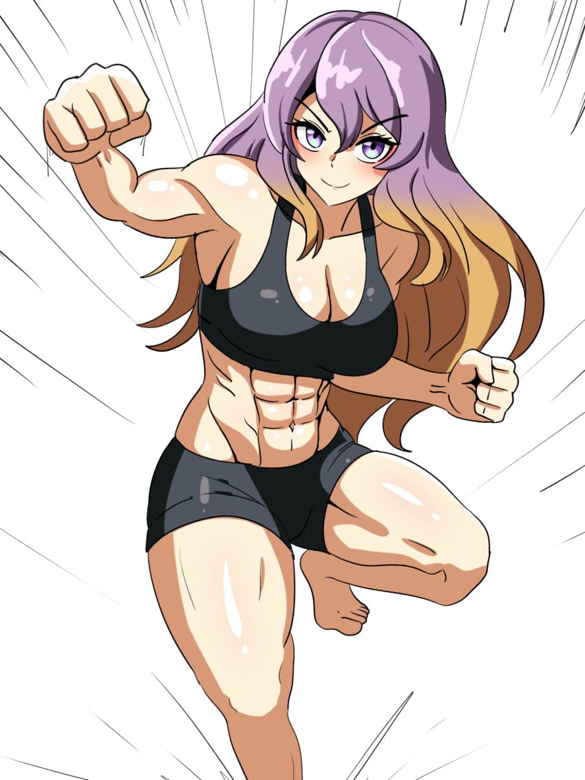 1girls abs big_breasts breasts cleavage ehehe52921343 hijiri_byakuren light-skinned_female multicolored_hair muscular_female muscular_thighs purple_eyes purple_hair shorts smile solo solo_female sports_bra thighs touhou white_background yellow_hair