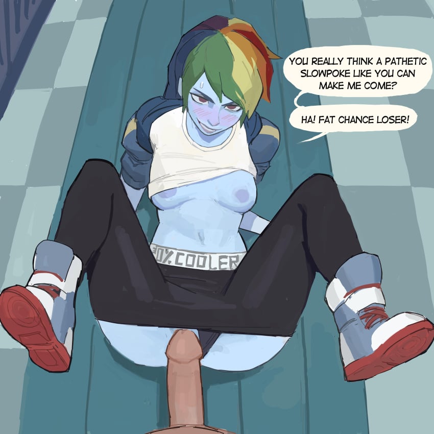 1boy 1female 1girls 1male amugea before_sex big_penis black_leggings black_legwear blush cock confident english_text half_naked human_male leggings lying lying_on_back lying_on_ground mocking multicolored_hair my_little_pony nipples no_bra panties_aside penis rainbow_dash_(mlp) ready_to_fuck shoes showing_breasts showing_pussy showing_vagina slut smile smirk smirking smirking_at_partner sports_bra sportswear sweat sweatdrop sweating text vaginal_insertion vaginal_penetration vaginal_sex white_shirt worried worried_expression