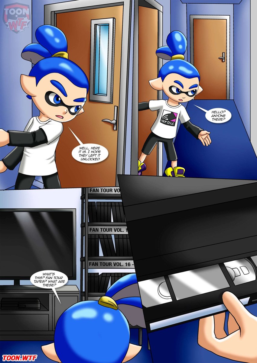 1boy bbmbbf cassette_player cassette_tape comic door hair_ornament inkling inkling_boy john_(splatoon) light-skinned_male male male_only nintendo off_the_hook_(comic) palcomix pointy_ears splatoon television toon.wtf