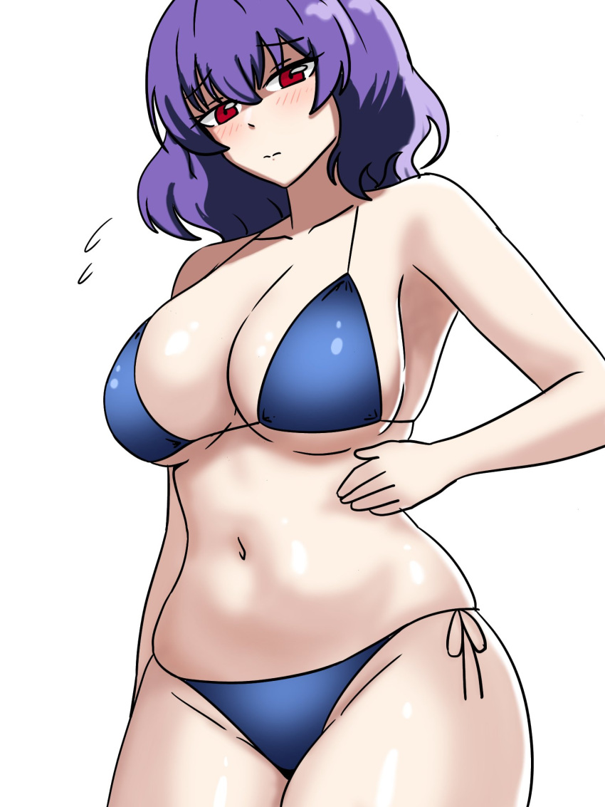 1girls big_breasts bikini blush blush_lines breasts ehehe52921343 goddess kanako_yasaka light-skinned_female mature_female purple_hair red_eyes solo solo_female touhou underboob white_background