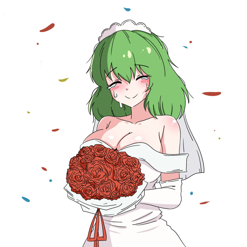 1girls big_breasts blush breasts cleavage clothed_female ehehe52921343 female female_only green_hair highres light-skinned_female mature_female simple_background smile solo solo_female tears tears_of_joy touhou wedding wedding_dress white_background yuka_kazami yuuka_kazami