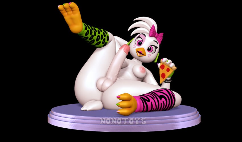 3d_(artwork) 3d_modeling 3d_print anthro avian balls bird black_background bow_ribbon bracelet breasts chica_(fnaf) chicken clothing colored_nails digital_media_(artwork) erection five_nights_at_freddy&#039;s food footwear galliform gallus_(genus) genitals glamrock_chica_(fnaf) gynomorph hand_on_head hi_res intersex intersex/intersex jewelry lying nails nipples nonotoys penis phasianid pink_eyes pizza scottgames simple_background socks solo spiked_bracelet spikes stage white_body