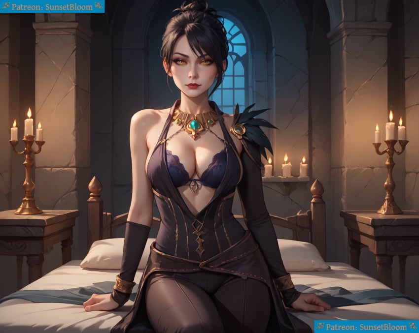 ai_assisted ai_background ai_clothes ai_generated ai_generated_background ai_upscaled black_hair candle candles dragon_age dragon_age_2 dragon_age_inquisition dragon_age_origins female medium_breasts morrigan_(dragon_age) sunsetbloom tight_clothing yellow_eyes