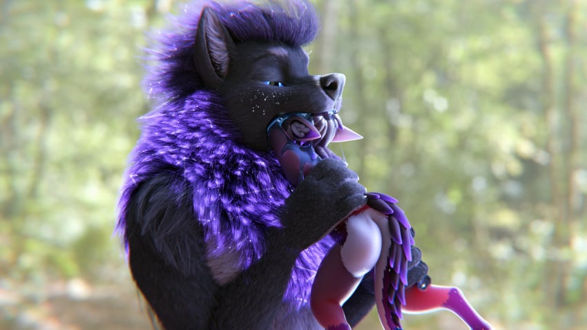 absurd_res anthro bodily_fluids canid canine canis drooling hair hi_res kobold koboldal mammal mawplay mouth open_mouth purple_hair razz saliva shinyumbra vore wolf