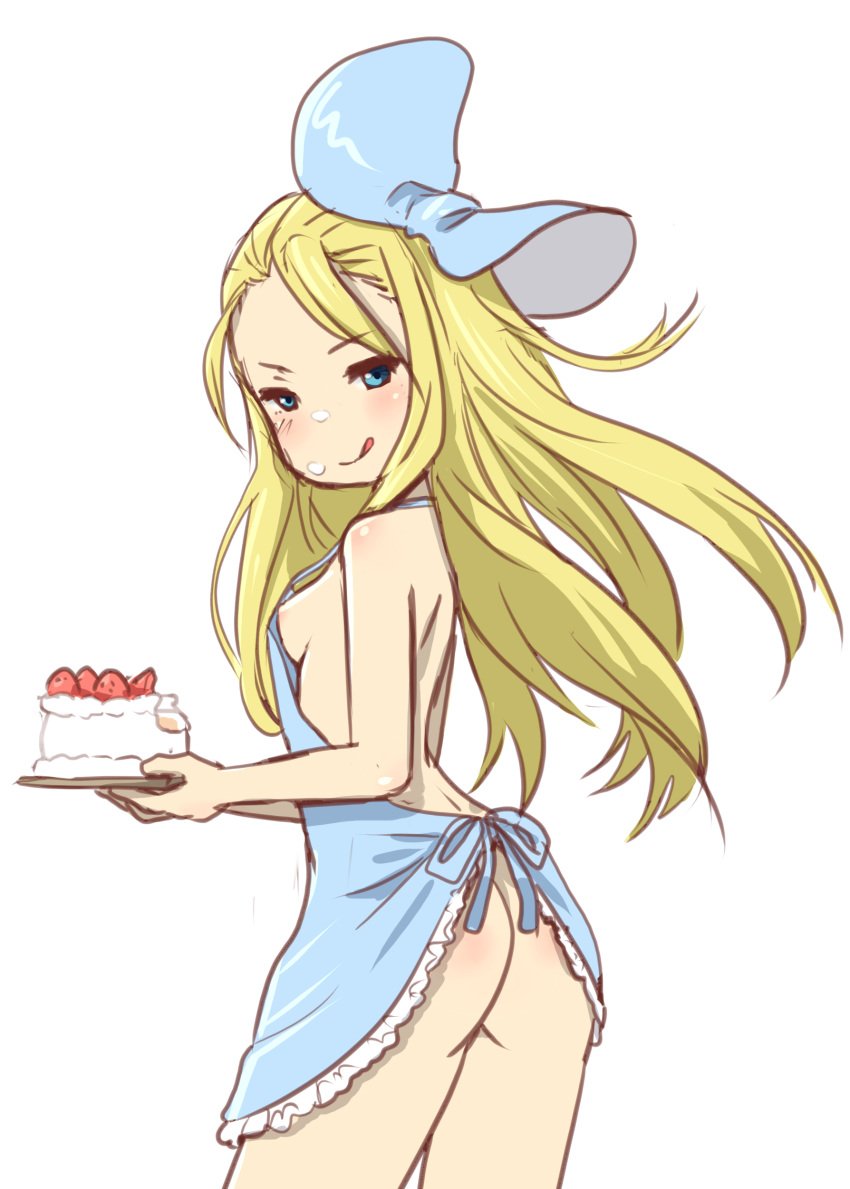 apron ass blonde_hair blue_eyes bravely_default breasts cake edea_lee icing licking long_hair naked_apron nipple_slip nipples sideboob skechplezures smug strawberry transparent_background