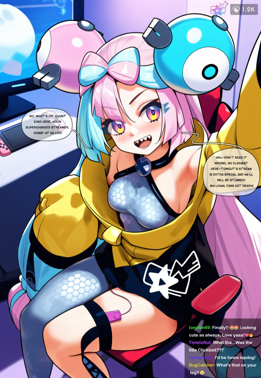 ai_generated armpits bare_shoulders blue_hair blush bow-shaped_hair breasts character_hair_ornament chat_box english_text female game_freak hair_ornament indoors iono_(pokemon) jacket livestream long_hair looking_at_viewer medium_breasts monitor multicolored_hair nintendo open_mouth oversized_clothes pink_hair pokemon pokemon_sv purple_eyes selfie sex_toy sharp_teeth shirt sitting sleeveless sleeveless_shirt sleeves_past_fingers sleeves_past_wrists smile solo speech_bubble split-color_hair teeth thigh_strap thighs twintails two-tone_hair very_long_hair vibrator vysetf yellow_jacket