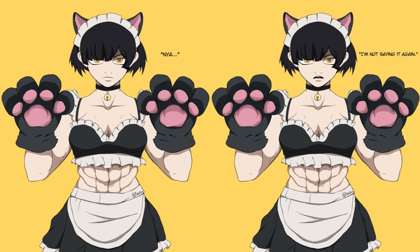 1girls abs bell_collar black_hair female kiori_(rikkatzu) maid_bikini maid_headdress muscular muscular_female paw_gloves rikkatzu yellow_eyes