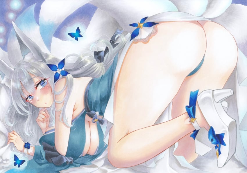 1girls 2022 all_fours animal_ear_fluff animal_ears ankle_strap ass azur_lane bare_shoulders blue_butterfly blue_collar blue_dress blue_eyes blue_panties breasts bug butterfly collar dress evening_gown female female_only fox_ears fox_girl fox_tails hair_ornament halter_dress halterneck hanging_breasts high_heels highres kitsune kyuubi large_breasts large_tail light-skinned_female light_skin long_hair looking_at_viewer multiple_tails official_alternate_costume panties sakura_empire_(azur_lane) shinano_(azur_lane) shinano_(dreams_of_the_hazy_moon)_(azur_lane) shoes solo traditional_media uhouhosoiya_go underwear very_long_hair white_footwear white_hair white_tails wrist_flower