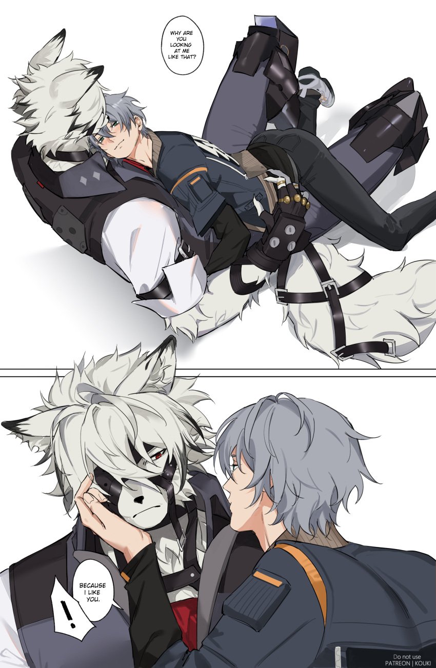 2boys anthro blush furry gay hand_on_cheek hand_on_face human male male/male male_only smile smiling tagme text text_bubble von_lycaon wise_(zenless_zone_zero) yaoi yukaero4 zenless_zone_zero