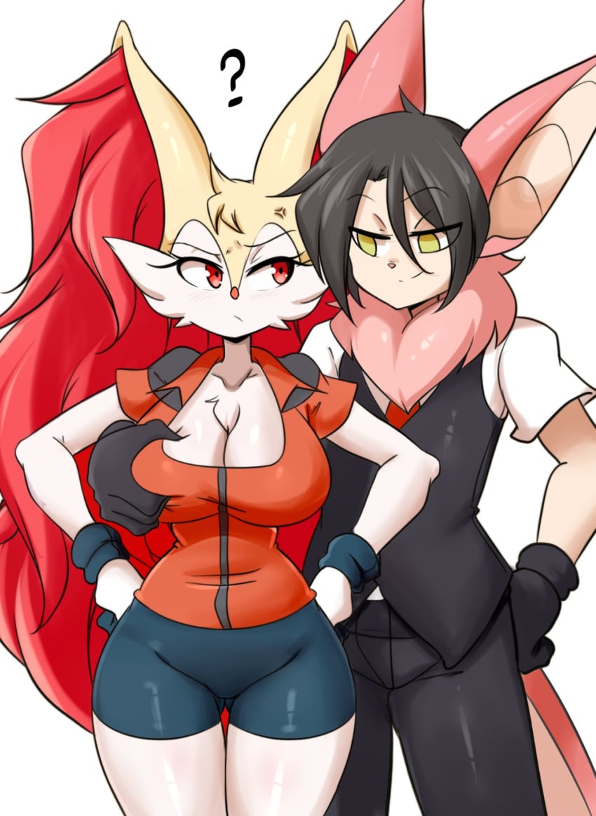 big_breasts braixen bray_(lucyfercomic) breasts cleavage duo female furry game_freak groping huge_breasts lucyfercomic may_(pokemon)_(cosplay) nintendo pokemon pokemon_(species) roy_(lucyfercomic) tagme thick_thighs white_background wide_hips