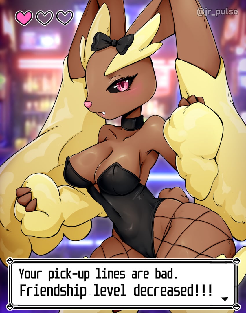 1girls anthro ass big_ass big_breasts black_sclera blush breasts bunnysuit english_text female fishnets furry jrpuls3 lopunny nintendo pink_eyes pokemon pokemon_(species) solo solo_female text thick_thighs thighs