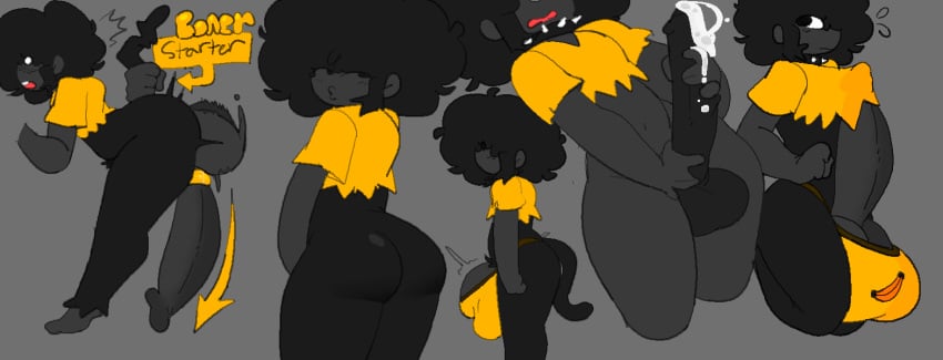 afro anthro banana bent_over blush crop_top cum dark_skin erection erection_under_clothes femboy half-erect huge_balls jerkingoff leaking_cum male_only masturbation monkey open_mouth side_view slim_thick tight_clothing