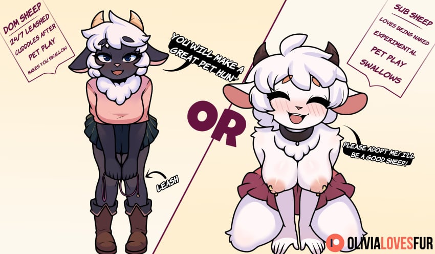 absurd_res anthro bedroom_eyes boots bottomwear bovid caprine closed_eyes clothed clothing dialogue duo ewe female footwear hair hi_res horn leash mammal narrowed_eyes nipple_piercing nipples olivialovesfur piercing seductive sheep shoes skirt smile text topless