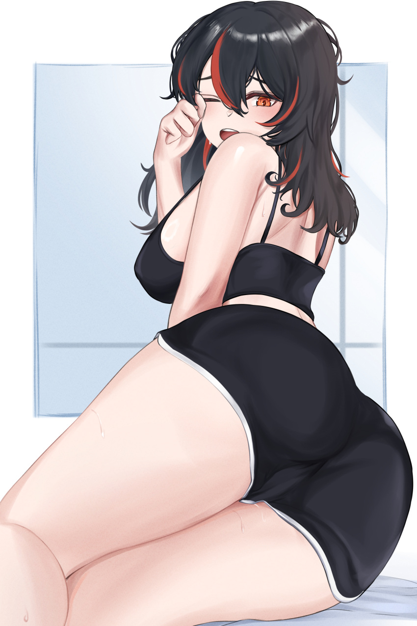 absurdres ass black_hair black_shorts breasts brulee camisole commentary female hair_down highres large_breasts long_hair multicolored_hair orange_eyes red_hair short_shorts shorts sitting solo spaghetti_strap streaked_hair thighs zenless_zone_zero zhu_yuan