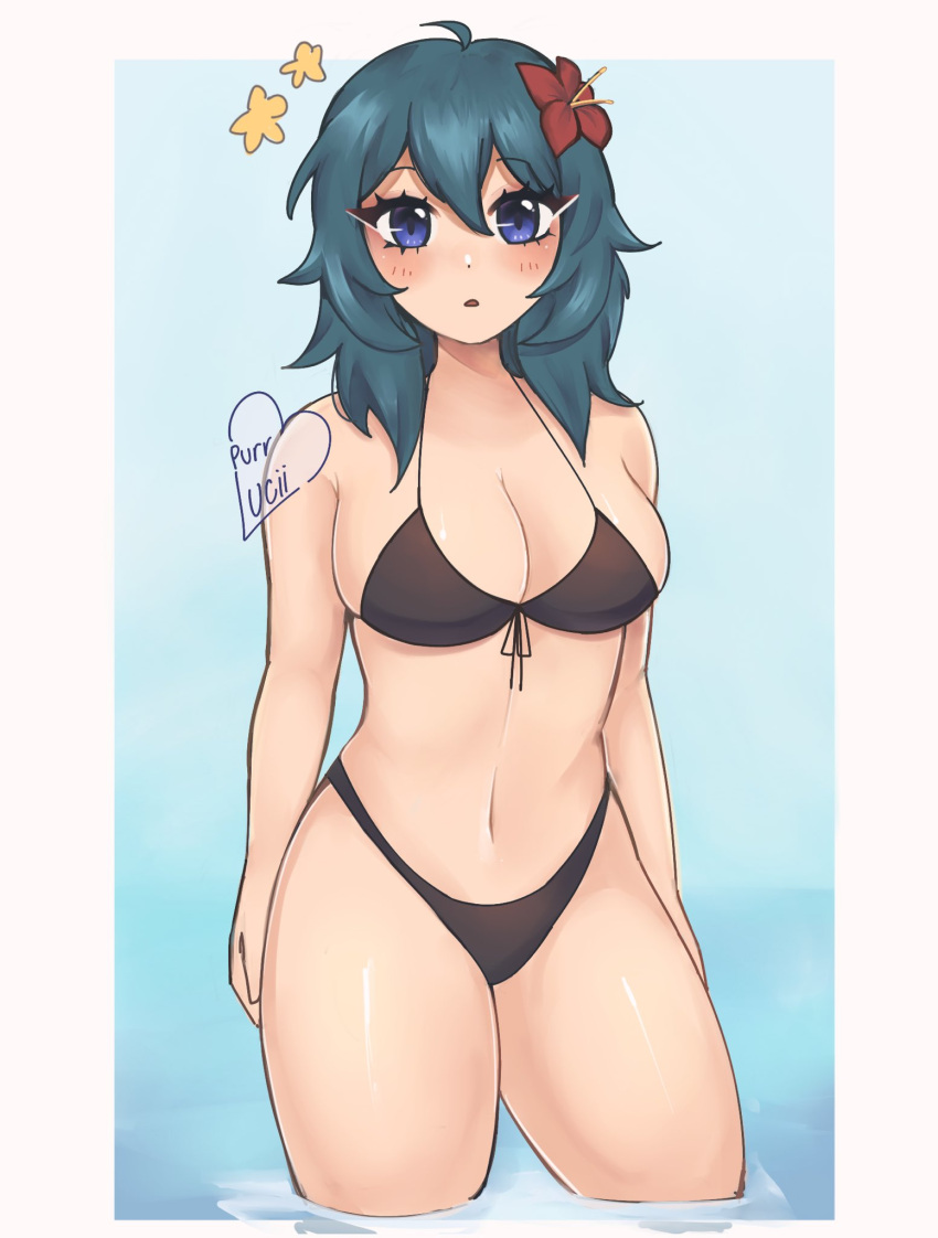 1girls ahoge alternate_costume bare_shoulders bare_thighs bikini black_bikini black_swimsuit blue_eyes blue_hair breasts byleth_(female)_(fire_emblem) byleth_(fire_emblem) byleth_(fire_emblem)_(female) byleth_(fire_emblem)_(female)_(summer) cleavage female female_only fire_emblem fire_emblem:_three_houses flower hair_flower hair_ornament highres long_hair medium_breasts navel nintendo parted_lips purrlucii red_flower solo standing stomach swimsuit thighs