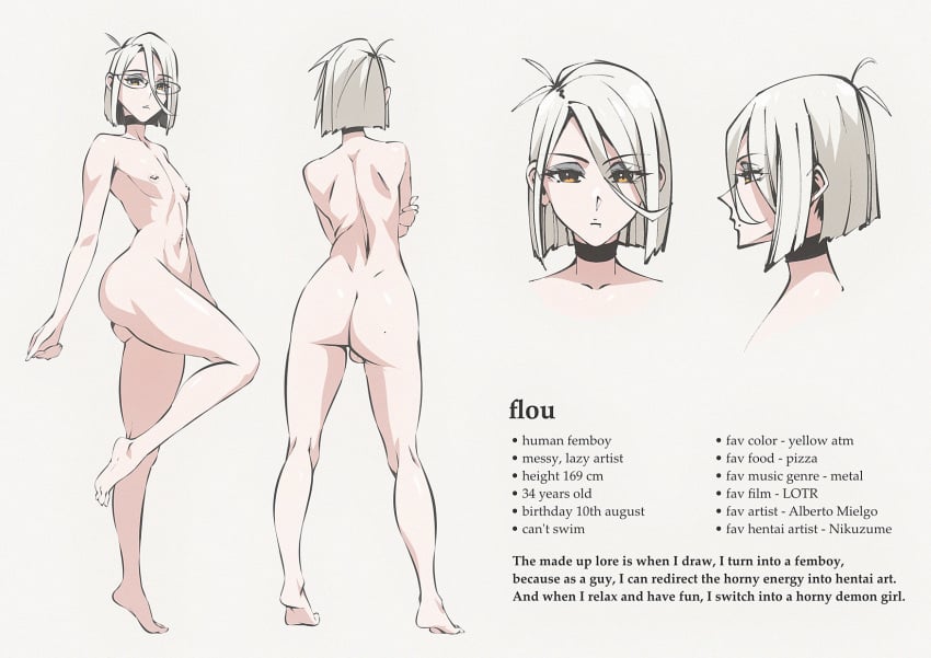 1boy alternate_version_available barefoot bob_cut character_sheet choker femboy flou flou_(character) glasses goth light-skinned_male nipples nude orange_eyes original petite petite_body petite_femboy petite_male small_breasts solo solo_male standing tiptoes white_background white_hair