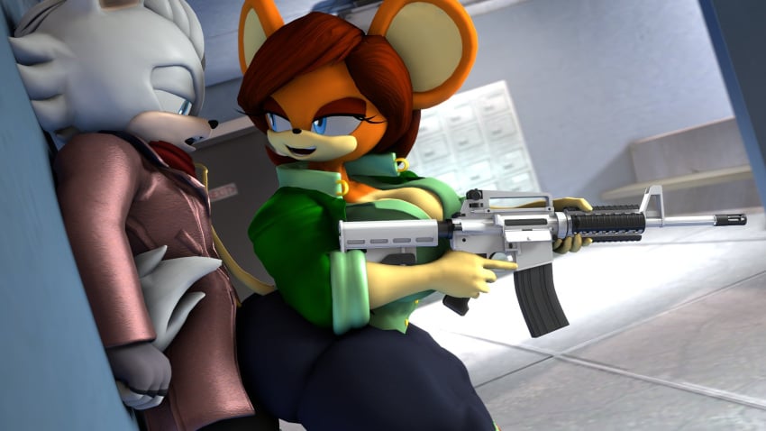 3d 3d_(artwork) blue_eyes clara_the_mouse cleavage fan_character gun mouse_ears mouse_girl mouse_tail oc orange_fur rifle sonic_(series) sonic_oc tagme white_hair zoothen