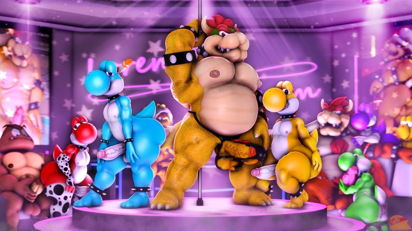 3_toes 4_fingers anthro blue_yoshi bowser chest_hair chubby_male fellatio gay goomba green_yoshi grinding grinding_on_penis hammer_bros. koopa koopa_troopa male/male male_stripper mario_(series) moonwulf moonwulf_(character) muscular_male nintendo nipples oral pecs precum precum_drip pubes public_nudity purple_yoshi red_yoshi scalie slightly_chubby_male source_filmmaker_(artwork) spiked_collar strip_club stripper stripper_pole super_mario_bros. thick_thighs thong yellow_yoshi yoshi