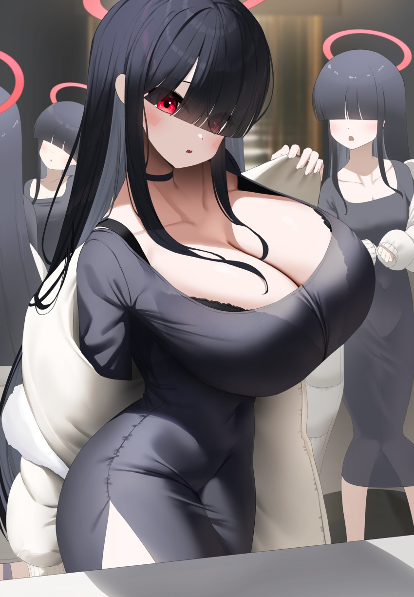 background_character bangs bangs_over_eyes black_bra black_dress black_hair blue_archive blush bra breasts breasts_bigger_than_head choker cleavage coat dress eyes_covered eyes_visible_through_hair female female_focus female_only gigantic_breasts hair_covering_eyes halo huge_breasts justice_task_force_(blue_archive) justice_task_force_member_(blue_archive) long_hair looking_at_viewer nicorima red_eyes red_halo see-through see-through_clothing thick_thighs thighs white_coat