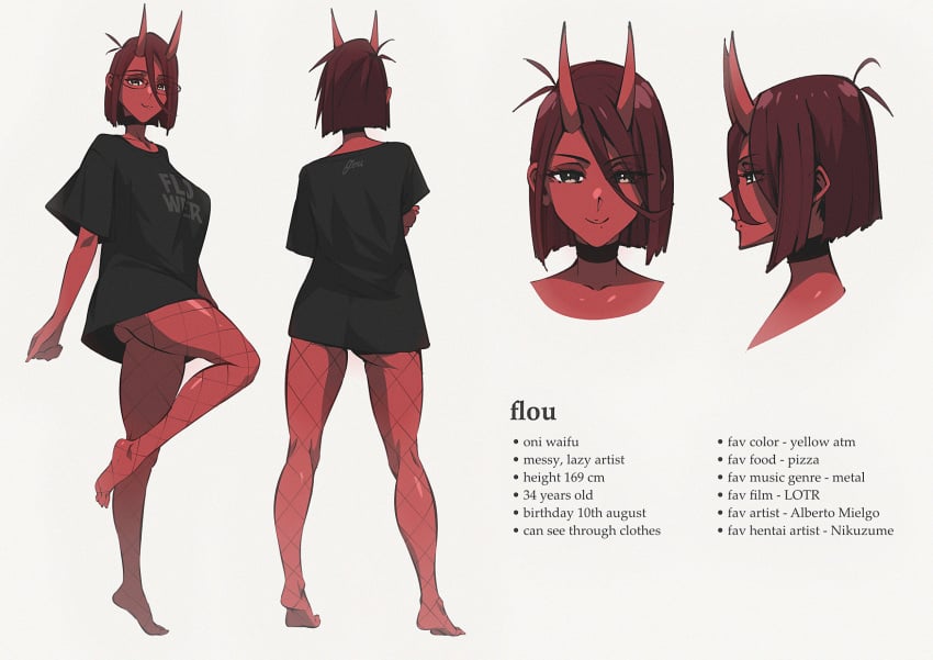 1girls alternate_version_available barefoot black_shirt bob_cut character_sheet choker fishnets flou flou_(character) glasses goth horns no_pants oni_girl orange_eyes original oversized_clothes red_hair red_skin small_breasts standing tiptoes white_background