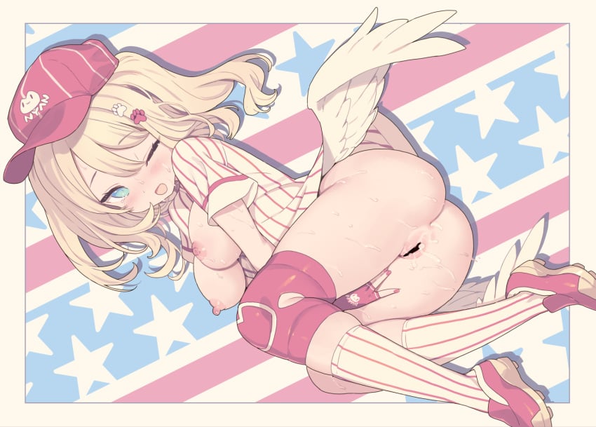 areolae baseball_cap baseball_uniform blade_(galaxist) blonde_hair blue_eyes breasts breasts_out censored cleats cum cum_in_pussy eyebrows_visible_through_hair gloves hairclip long_socks nipples open_mouth painted_nails pussy smile striped_shirt striped_socks sweat wings winking