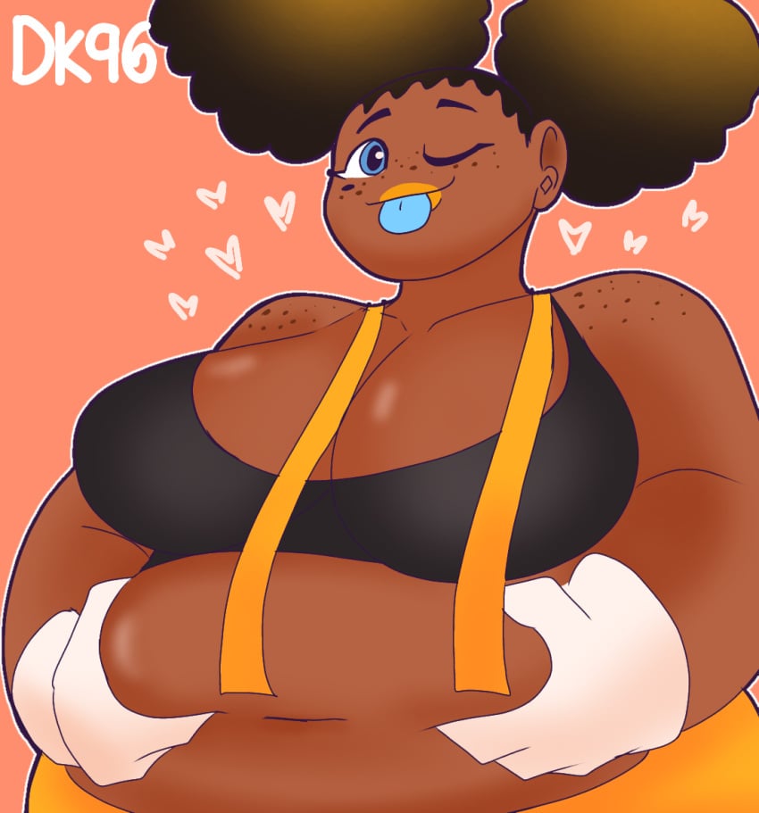 afro_puffs belly belly_button belly_fetish belly_grab belly_play big_belly big_breasts chubby chubby_belly chubby_female daisykitty96 dark_skinned_female melody_(daisykitty96) overalls tongue_out