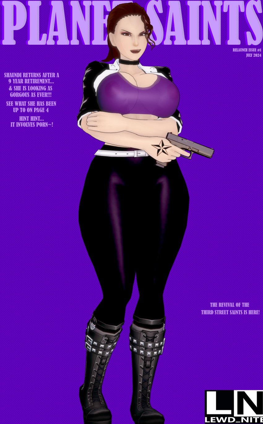 1girls 3d female female_only gun holding_gun koikatsu lewd_nite magazine_cover pistol saints_row saints_row_iv saints_row_the_third shaundi solo solo_female tagme tight_clothing