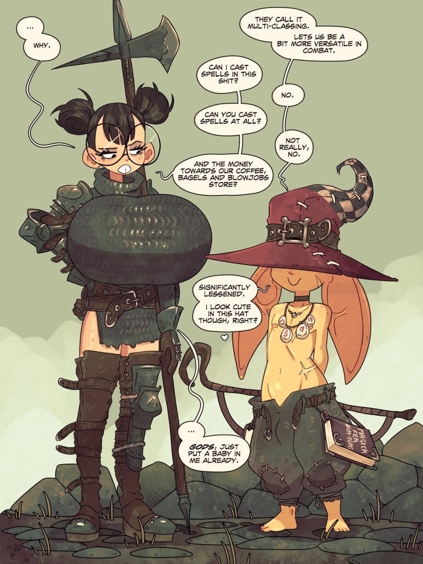 1boy 1boy1girl 1girls armor baggy_pants barefoot big_glasses boots breasts chainmail english_dialogue english_text female female_human glasses goblin goblin_male grift_(jack_cayless) halberd hat hat_covering_eyes hat_over_eyes height_difference huge_breasts huge_ears human human_focus impregnation_request jack_cayless large_glasses long_ears male necklace rezmi_(jack_cayless) sagging_pants shirtless shirtless_male smaller_male speech_bubble spellbook staff top_heavy twin_buns wizard_hat yellow_skin