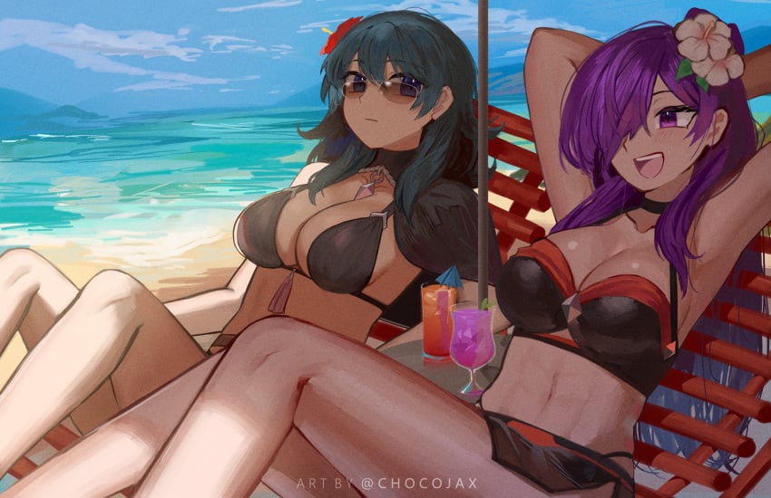 2girls :d alternate_costume armpits arms_up artist_name bare_shoulders bikini black_bikini black_swimsuit blue_sky breasts byleth_(female)_(fire_emblem) byleth_(female)_(summer)_(fire_emblem) byleth_(fire_emblem) byleth_(fire_emblem)_(female) byleth_(fire_emblem)_(female)_(summer) chocojax cleavage cloud day female female_only fire_emblem fire_emblem:_three_houses fire_emblem_heroes fire_emblem_warriors:_three_hopes flower hair_flower hair_ornament highres large_breasts multiple_girls navel nintendo ocean official_alternate_costume purple_hair red_flower shez_(female)_(fire_emblem) shez_(female)_(summer)_(fire_emblem) shez_(fire_emblem) sky smile stomach sunglasses swimsuit thighs tinted_eyewear watermark white_flower