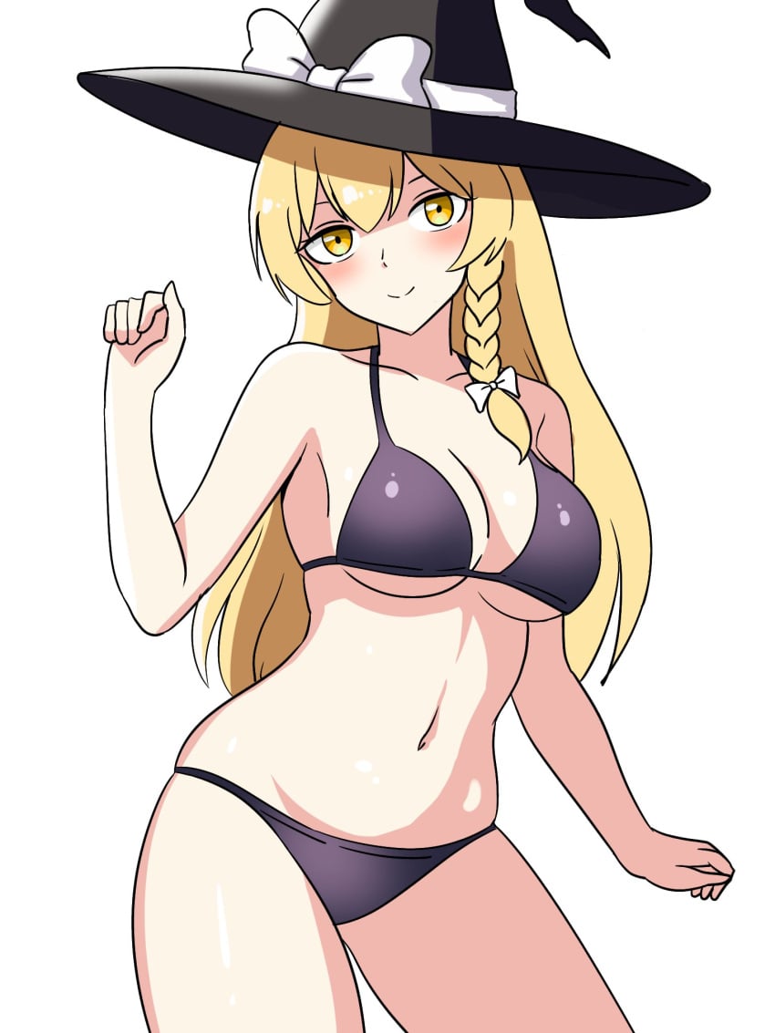 1girls big_breasts bikini black_bikini blonde_hair breasts ehehe52921343 hatwitch_hat light-skinned_female long_hair marisa_kirisame smile solo solo_female thick_thighs thighs touhou white_background yellow_eyes