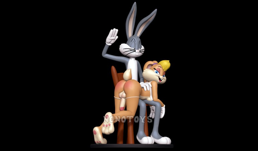 3d_(artwork) 3d_modeling 3d_print anthro balls black_background blonde_hair blue_eyes bugs_bunny butt_slap chair clothing digital_media_(artwork) duo erection furniture genitals gloves grey_body gynomorph hair handwear hi_res intersex intersex/intersex lagomorph leporid lola_bunny looney_tunes mammal nonotoys open_mouth pawpads penis rabbit simple_background slap smile spanking teeth warner_brothers whiskers