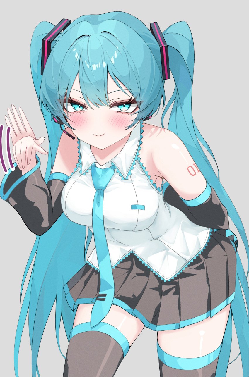 1girls blue_eyes blue_hair blush fully_clothed hatsune_miku kawasuru looking_at_viewer motion_lines movement_lines skirt smile smiling_at_viewer smirk submissive submissive_female suggestive_look thigh_highs wave waving waving_at_viewer waving_hand