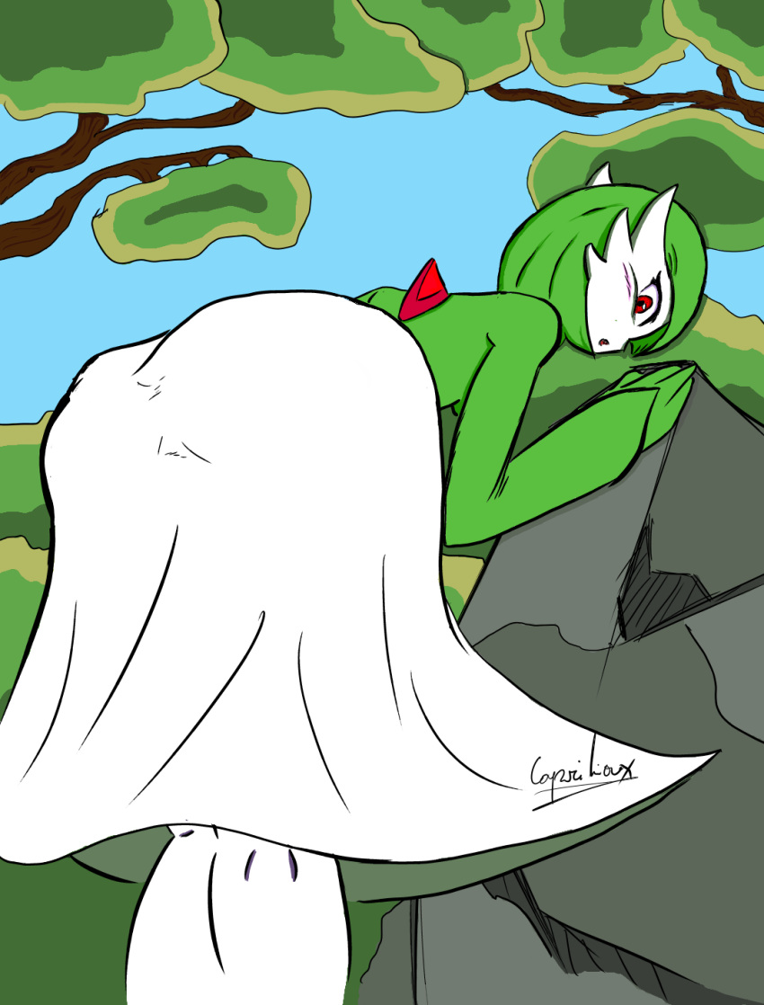 ass big_ass big_butt capriliox gardevoir green_hair green_skin pokemon pokemon_(species) pokephilia red_eyes