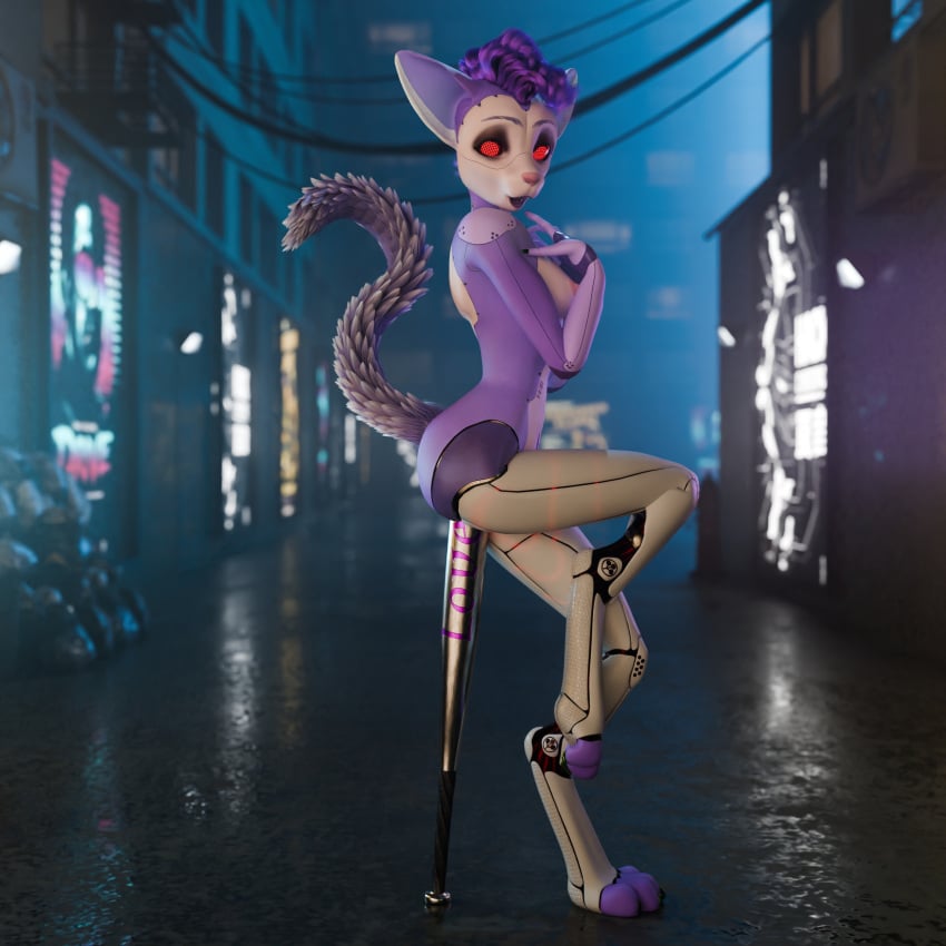 absurd_res anthro arasaka backstreet baseball_bat bat_(object) blender_(artwork) blender_cycles cybernetic_limb cybernetics cyberpunk digital_media_(artwork) female genet glowing glowing_eyes hazel_(disambiguation) hi_res machine mammal mokson neon_lights viverrid