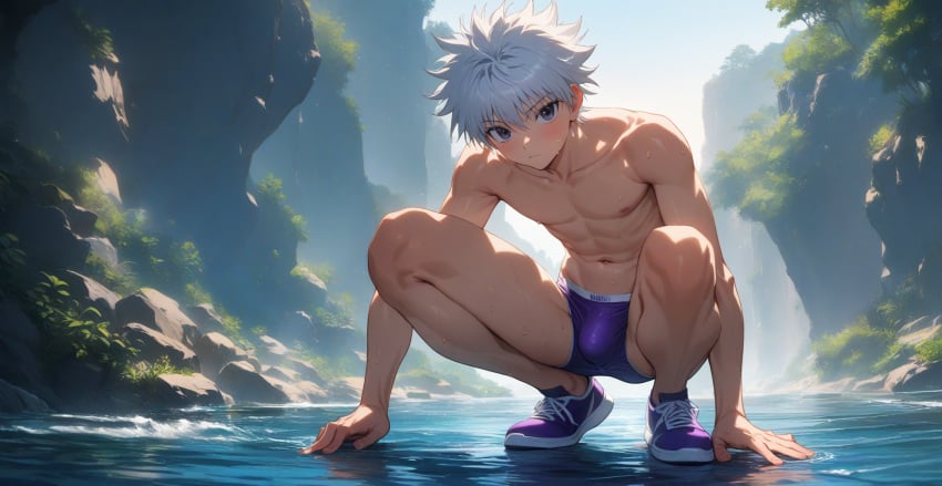 ai_generated bulge gay hunter_x_hunter killua_zoldyck outdoors squatting sweat swimsuit swimwear water yaoi