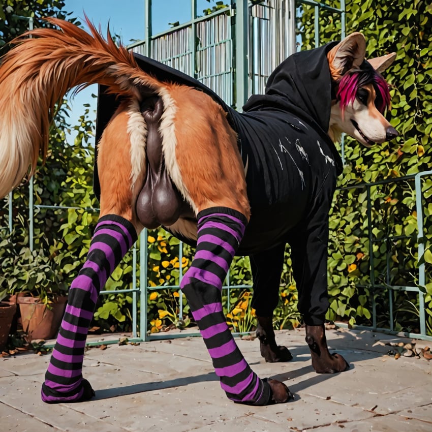 ai_generated animal anus backsack balls canid canine clothed clothed_feral clothing feral footwear furry genitals hi_res highlights_(coloring) hoodie legwear looking_at_viewer looking_back looking_back_at_viewer male mammal maned_wolf outdoors pattern_clothing pattern_footwear pattern_legwear pattern_socks plant quadfiend raised_clothing raised_hoodie raised_tail raised_topwear socks solo striped_clothing striped_footwear striped_socks stripes topwear