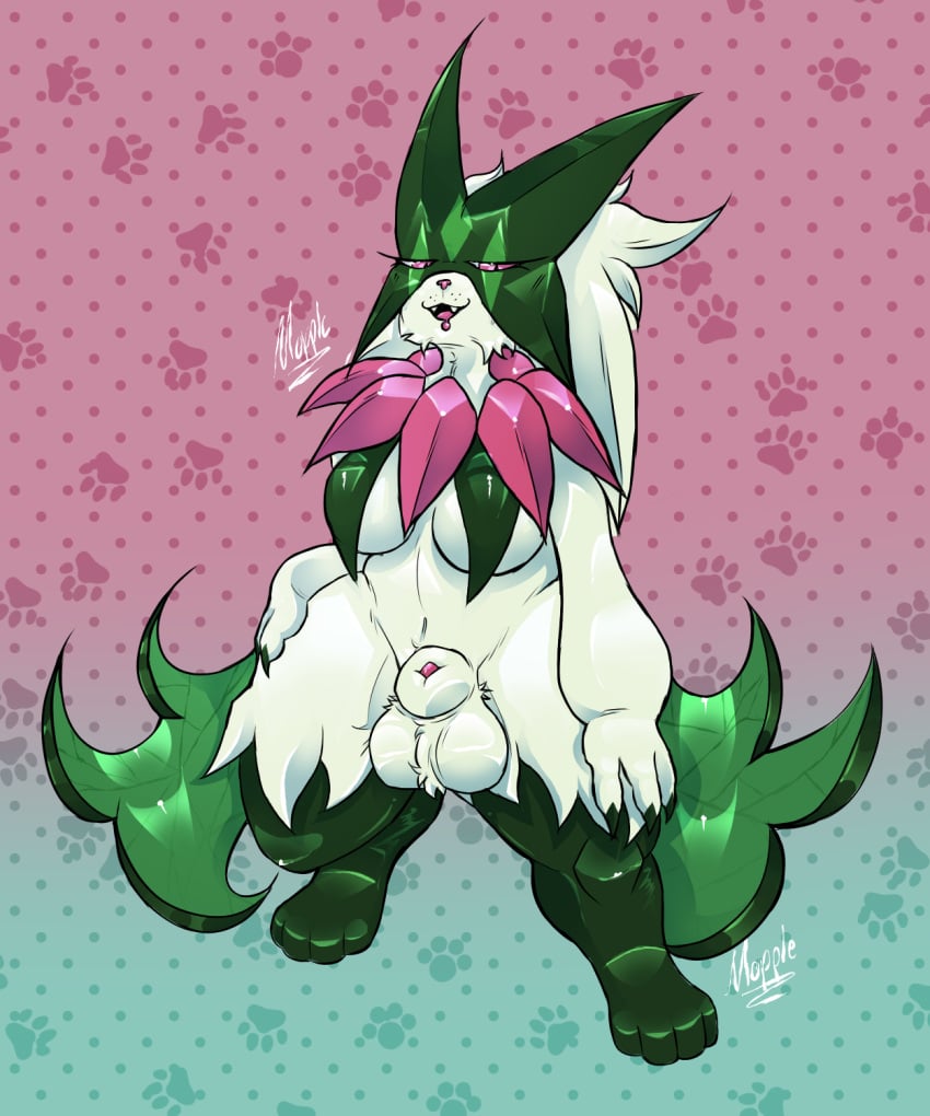 3_fingers 4_toes animal_genitalia anthro artist_name ball_tuft balls bodily_fluids breasts claws cute_fangs dotted_background drooling featureless_breasts feet fingers footprint fully_sheathed fur generation_9_pokemon genitals gradient_background green_body green_fur gynomorph hi_res intersex looking_at_viewer looking_pleasured meowscarada mopple nintendo nude open_mouth pattern_background pawprint penis penis_tip pink_eyes pink_nose pokemon pokemon_(species) saliva sheath simple_background solo toes tongue tuft