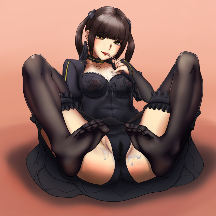 1girls breasts brown_hair choker feet female female_only hella_(nanocore) highres licking_lips long_hair looking_at_viewer nanocore no_shoes pussy pussy_juice see-through sheer_legwear soles spread_legs toes tongue_out twintails wide_hips yellow_eyes