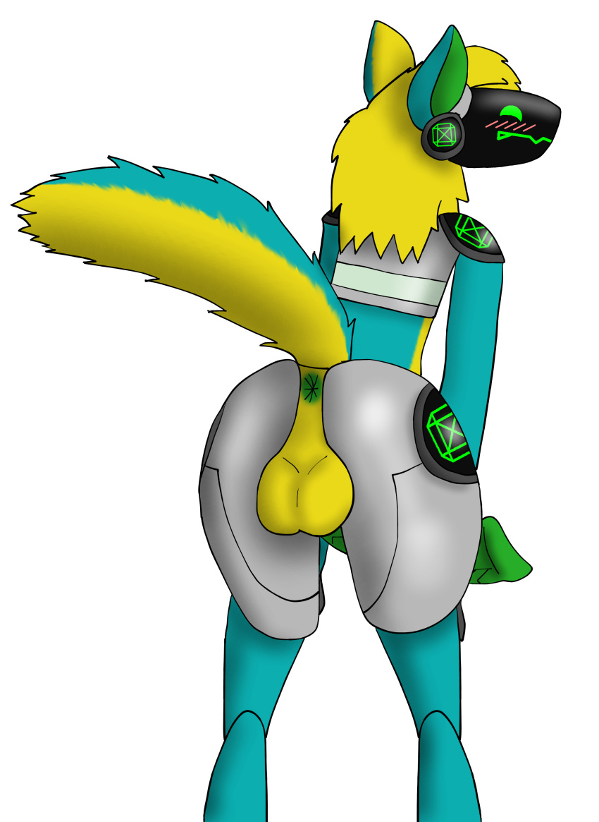 absurd_res anthro anus ass balls big_balls blue_fur blush cybernetics cyborg emerald_(protogen) fur green_penis hi_res machine male male_only penis presenting presenting_hindquarters protogen raised_tail rear_view robot ryan_kyojiri_(artist) solo standing yellow_fur