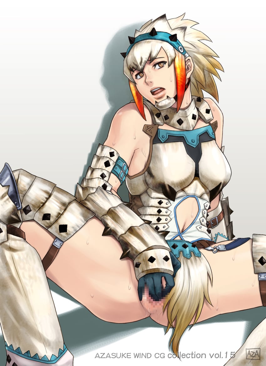 armor azasuke bare_shoulders barioth_(armor) breasts brown_eyes censored female looking_at_viewer masturbation monster_hunter multicolored_hair open_mouth pussy short_hair sitting solo spread_legs sweat