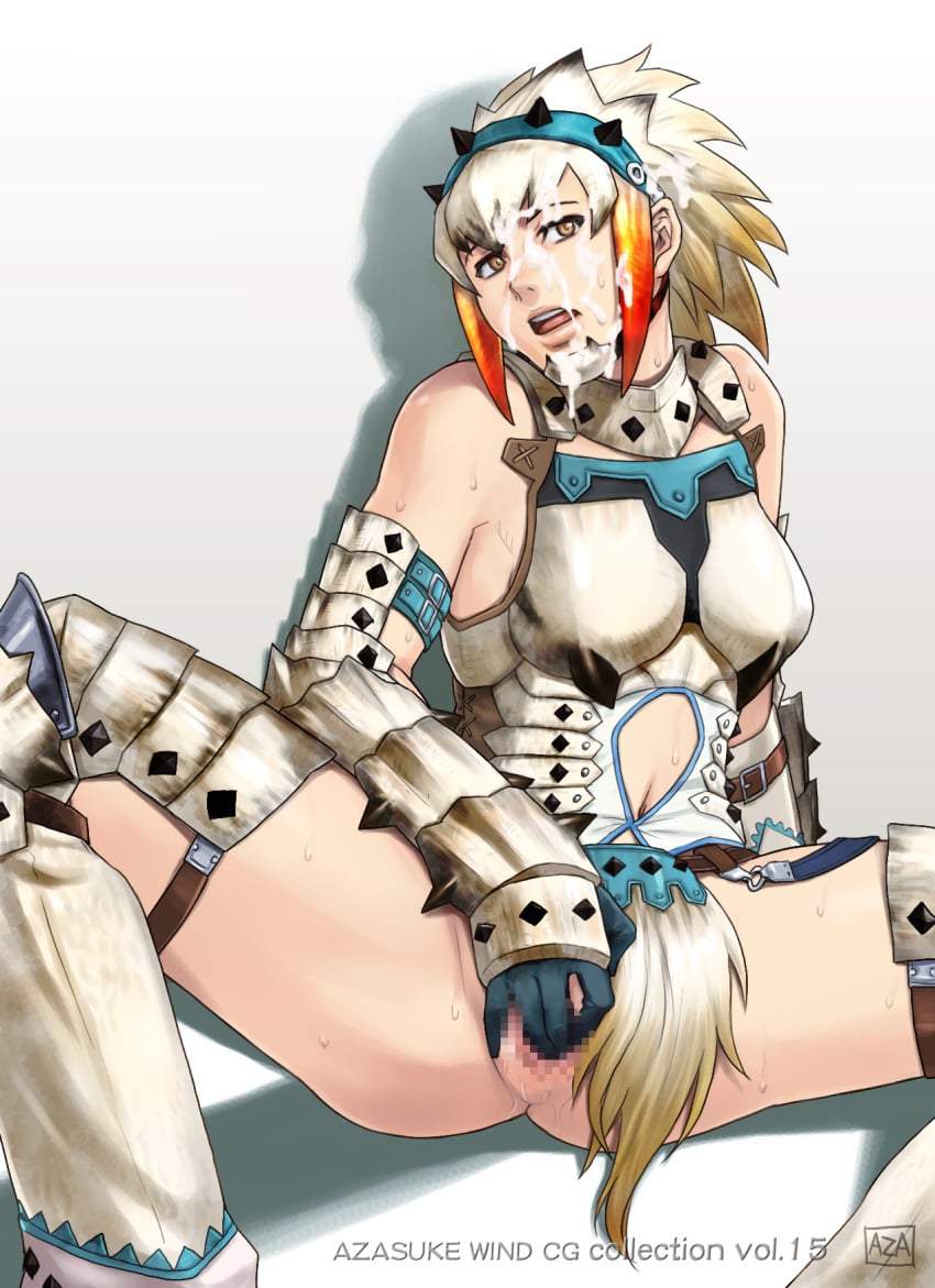 armor azasuke bare_shoulders barioth_(armor) breasts brown_eyes censored cum cum_on_hair facial female looking_at_viewer masturbation monster_hunter multicolored_hair open_mouth pussy short_hair sitting solo spread_legs sweat