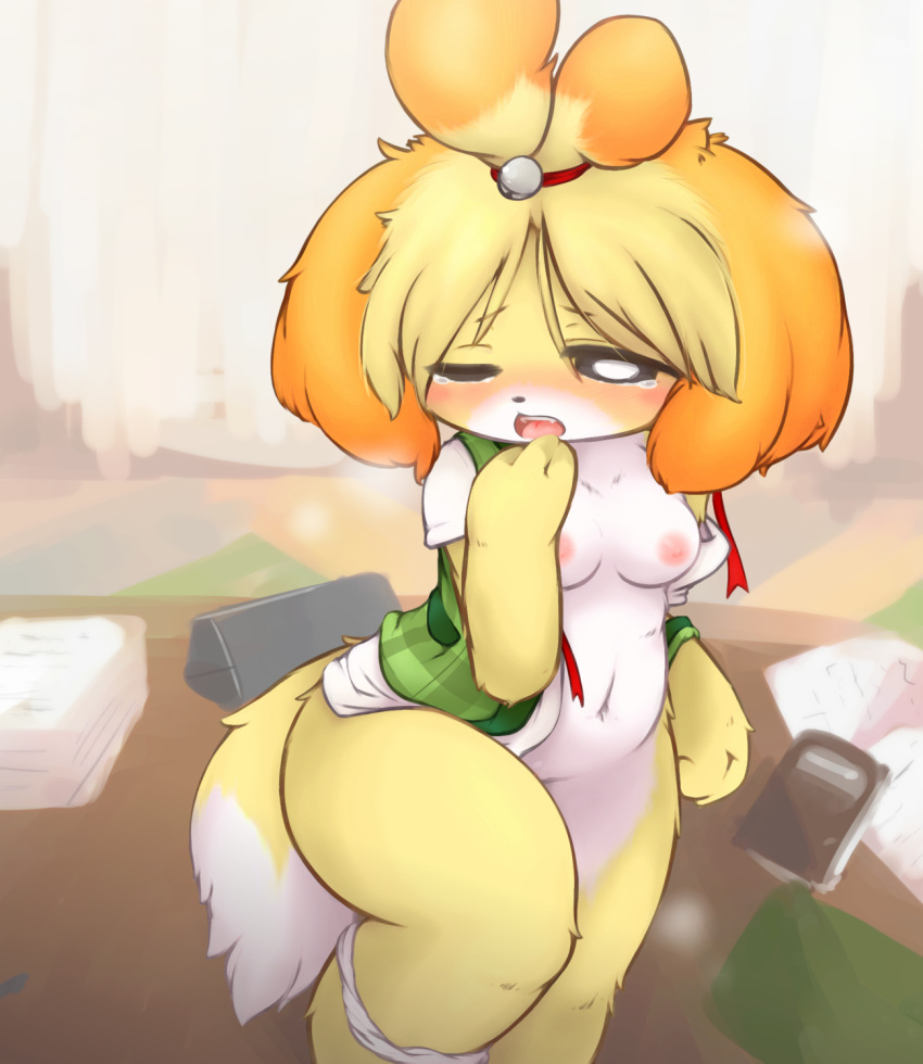 2012 2d alternate_breast_size animal_crossing anthro blush breasts canine chipar dog doubutsu_no_mori female female_only fur furry isabelle_(animal_crossing) mammal navel nintendo nipples office_lady open_mouth panties panties_around_leg shizue_(doubutsu_no_mori) solo straight_hair tear wide_hips wince