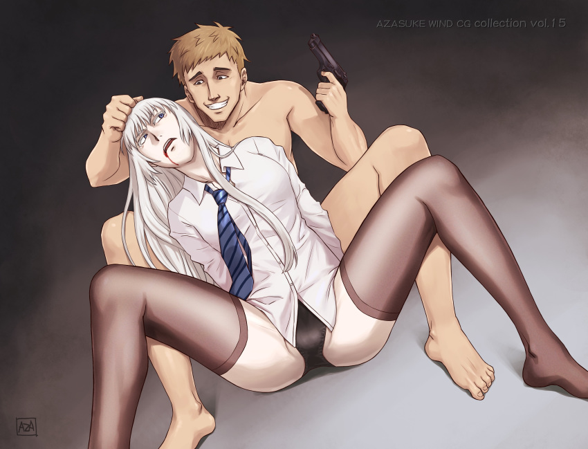 1boy 1boy1girl 1girls angry azasuke black_stockings blood blood_on_face clothed_female clothed_female_nude_male female gun jormungand koko_hekmatyar male office_clothing panties pistol rape smile stockings straight tagme tie white_hair