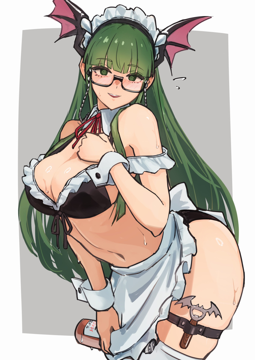 1girls ap_cammy apron ass bangs bat_ears bat_wings big_breasts bikini black_bikini blunt_bangs bottle breasts capcom cleavage darkstalkers detached_collar detached_sleeves female frilled_bikini frills glasses green_eyes green_hair grey_background holding_bottle holding_object long_hair maid maid_headdress morrigan_aensland navel panties semi-rimless_eyewear skindentation solo spiral_eyes succubus sweat swimsuit thigh_strap thighs wings